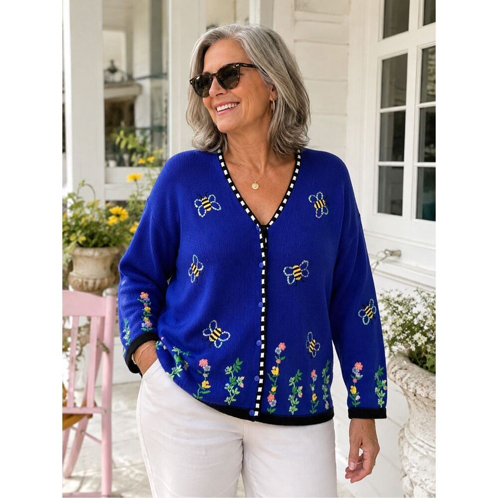 Quacker Factory 3X Bumble Bee Cardigan Sweater Sequin Embroidered Royal Blue